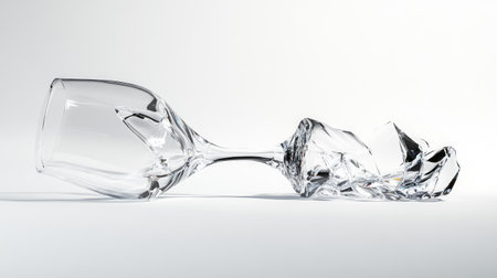 A cracked wine glass with wine spilling out, lying on its side against a stark white background.の素材