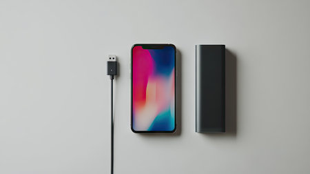 A smartphone charging with a portable power bank, with the USB cable extending from the phone to the power bank against a neutral backgroundの素材