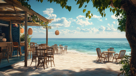 A relaxed beach caf with outdoor tables and chairs, offering a perfect spot to enjoy the ocean breeze.の素材