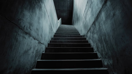 A dramatic low-angle view of a staircase stretching into a shadowy void, creating a sense of unease.の素材