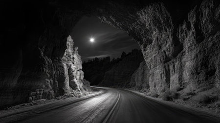 A rugged tunnel road carved into stone, leading into darkness with a small light shining in the distance.の素材