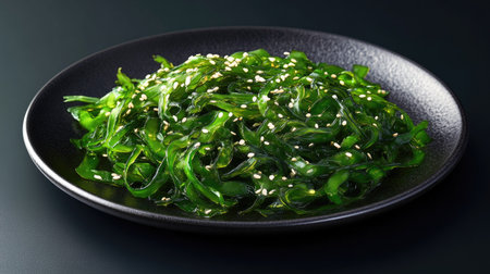 An artistic food composition of wakame seaweed salad with sesame seeds, elegantly arranged on a round black plate with moody lighting.の素材