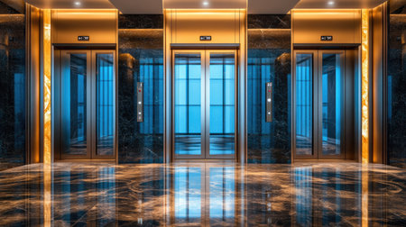 A shot of shiny elevator doors in a luxurious hotel, with reflections of the surrounding environment, including marble floors and glass wallsの素材