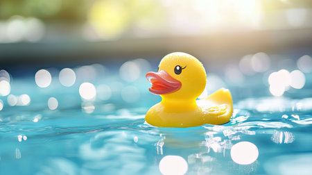 A yellow rubber toy duck in a pool of water with a bright, sunny background, creating a cheerful, playful sceneの素材