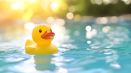 A yellow rubber toy duck in a pool of water with a bright, sunny background, creating a cheerful, playful sceneの素材