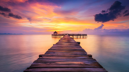A beautiful wooden pier stretching out into the sea, with colorful sunset hues casting their glow over the water.の素材