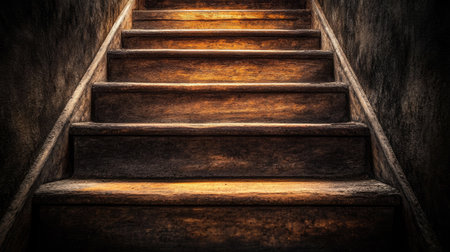 A dimly lit staircase made of old wood, leading upwards into an eerie, unknown darkness.の素材
