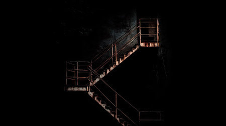 A rusty fire escape staircase on an old building, climbing into the dark unknown.の素材