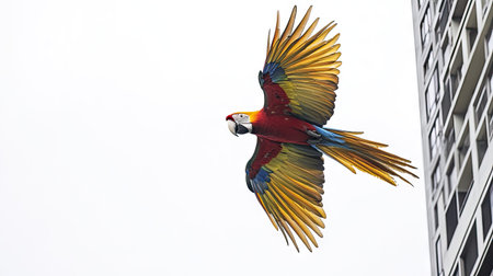 A striking image of a macaw flying with wings extended, showcasing the bird's colorful feathers against a crisp white backgroundの素材