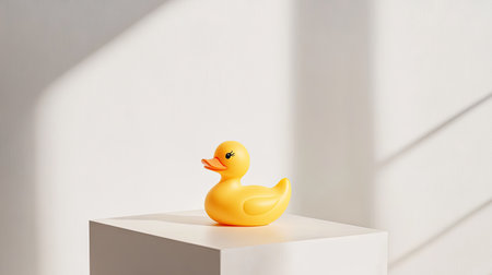 A yellow rubber toy duck on a white background, perfect for a clean, minimalistic shot to highlight the bright colorsの素材