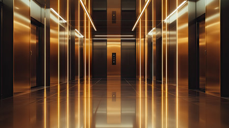 A wide shot of a contemporary building's shiny elevator doors with clean reflections, showcasing the modern architectural designの素材