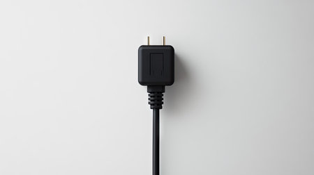 A single black electrical plug lying flat on a white background, with no cables attached, showcasing its detailsの素材