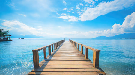 A beautiful wooden pier reaching toward a sparkling sea, surrounded by peaceful nature and a bright blue sky.の素材