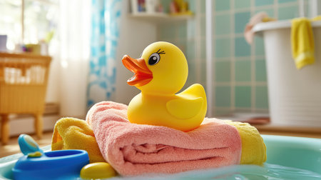 A yellow rubber toy duck on a child's towel, with colorful bath accessories and toys scattered around the bathroomの素材