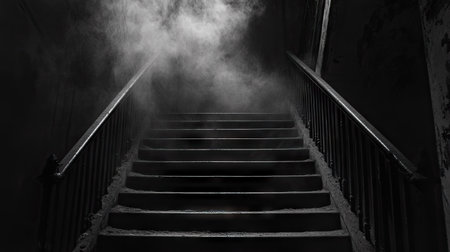 An abandoned building's staircase covered in dust, leading up into an ominous black void.の素材