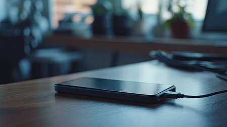 A smartphone charging from a portable power bank, with the USB cable clearly visible and a soft-focus background of a deskの素材