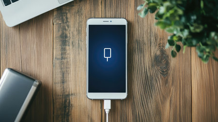 A smartphone screen showing the charging icon while connected to a portable power bank with a USB cable on a wooden deskの素材