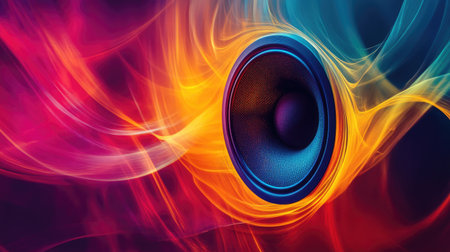An abstract, artistic shot of sound waves flowing outward from a closed speaker in vibrant colors.の素材