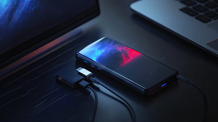 A smartphone charging from a portable power bank, with the USB cable plugged into both devices, and a laptop in the backgroundの素材