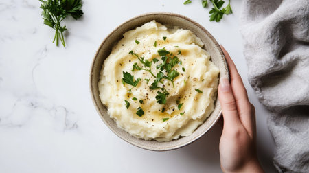 A bowl of creamy mashed potatoes garnished with fresh parsley, placed on a clean white background. Soft lighting enhances the texture.の素材