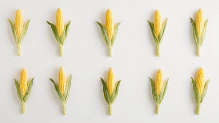 Top-down view of multiple fresh corn cobs arranged in a row, isolated on a white background.の素材
