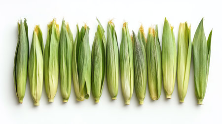 Top-down view of multiple fresh corn cobs arranged in a row, isolated on a white background.の素材