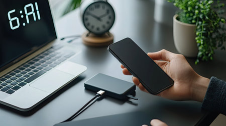 A person using a USB cable to charge their smartphone from a portable power bank, with a digital clock and clean workspace in the backgroundの素材