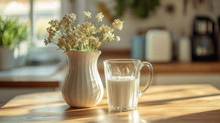 An elegant still life of a milk jug and glass with a soft-focus kitchen interior in the background.の素材