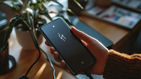 A person charging their smartphone from a portable power bank with a USB cable, showing the phone's battery percentage increasingの素材