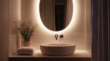 A small bathroom with a sleek white sink, oval mirror, and soft lighting, designed for an intimate, cozy feelの素材
