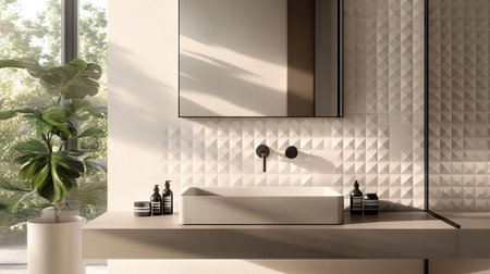 A sleek bathroom with a wall-mounted sink, large mirror, and geometric tiles creating a clean, geometric lookの素材
