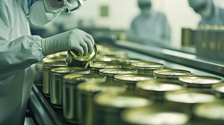 Workers in protective gear inspecting metal cans on a high-speed conveyor line in a food plant.の素材