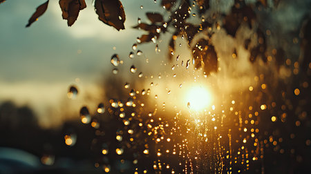 Water droplets on a clear glass pane, creating a beautiful, natural pattern against the backdrop of a bright sky and sunshineの素材