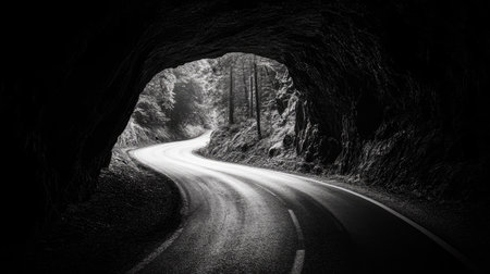 A shadowy, rock-carved road stretching through a tunnel, with light illuminating the far entrance.の素材