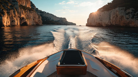 The view from behind a speedboat cruising along a scenic coastline, cliffs and beaches stretching in the distance.の素材