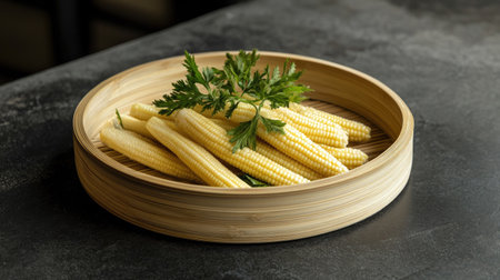 A round bamboo plate filled with fresh baby corn, showcasing its organic and natural appeal.の素材