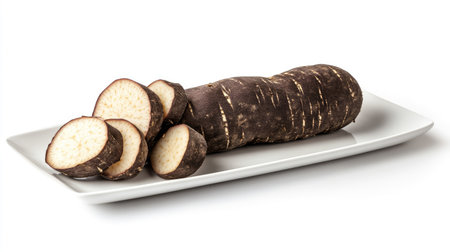 A clean and modern shot of whole and sliced purple sweet yam on a smooth white plate, isolated on white.の素材