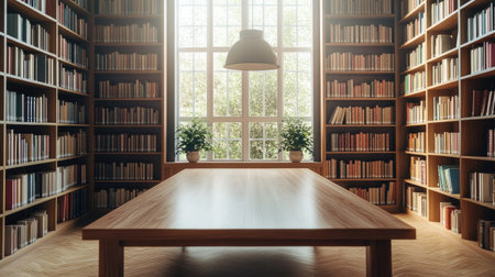 A smooth wooden table in a bright, spacious library with tall bookshelves and stylish reading lamps.の素材