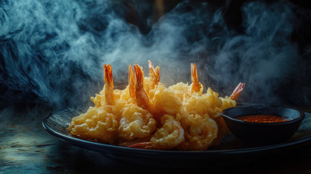 A steaming hot plate of shrimp tempura with a side of dipping sauce, placed on a textured dark background.の素材
