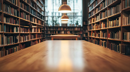 A smooth wooden table in a bright, spacious library with tall bookshelves and stylish reading lamps.の素材