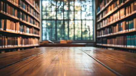 An empty wooden tabletop with an aesthetic library interior in the background, featuring large windows and soft lighting.の素材
