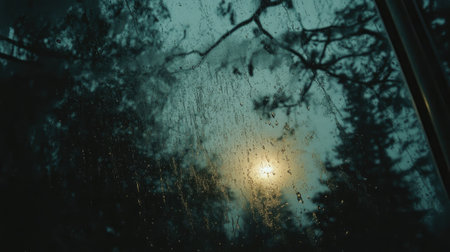 Water drops on a clear glass window, with a faint reflection of trees and sky visible through the glassの素材