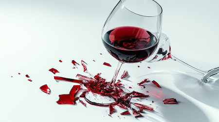 A broken wine glass with sharp glass fragments lying beside it, spilling red wine on a white background.の素材