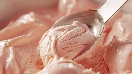A slow-motion capture of an ice cream scooper gliding through a tub of soft and creamy gelato.の素材