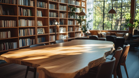 A smooth wooden table in a bright, spacious library with tall bookshelves and stylish reading lamps.の素材