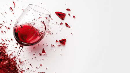 A broken wine glass with sharp glass fragments lying beside it, spilling red wine on a white background.の素材