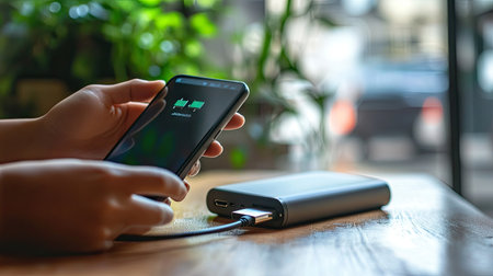 A person's hand connecting a USB cable from a portable power bank to a smartphone, with a focus on the charging status on the phone's screenの素材