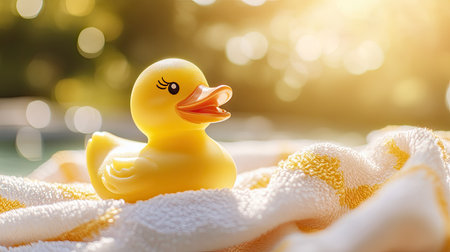 A playful yellow rubber toy duck on a beach towel, with a bright summer vibe and soft sunlight in the backgroundの素材