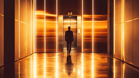 A person about to enter an elevator with shiny metal doors in a luxury building, with bright lighting emphasizing the polished lookの素材