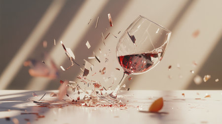 A shattered wine glass with wine drips on a white table, pieces of glass scattered around.の素材